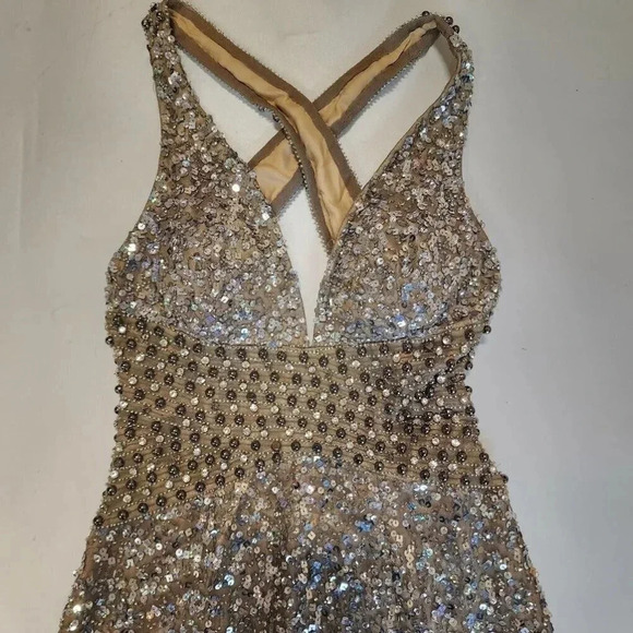 BG Haute Women's Silk V-Neck Silver Floor Length Sequin Evening Gown Size 0 NWOT - Picture 5 of 16